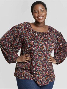 Ava & Viv Multicolor Floral Scoop Neck Long Sleeve Blouse in Size 1X